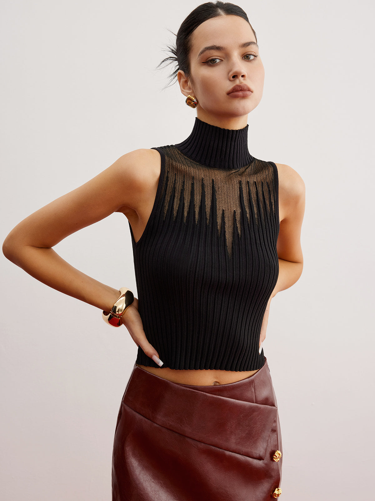 Crop Sheer Panel Sweater Vest Black / XS Sweater Vests Main image