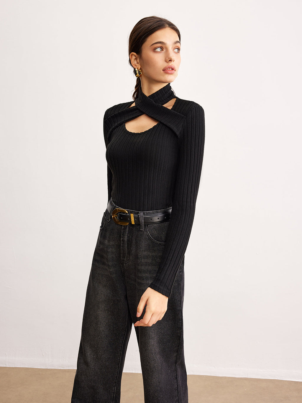 Criss Cross Neck Ribbed Top T Shirts