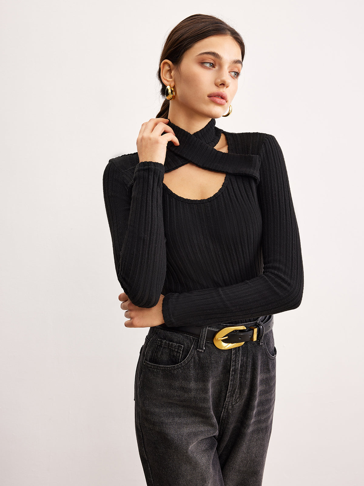 Criss Cross Neck Ribbed Top T Shirts