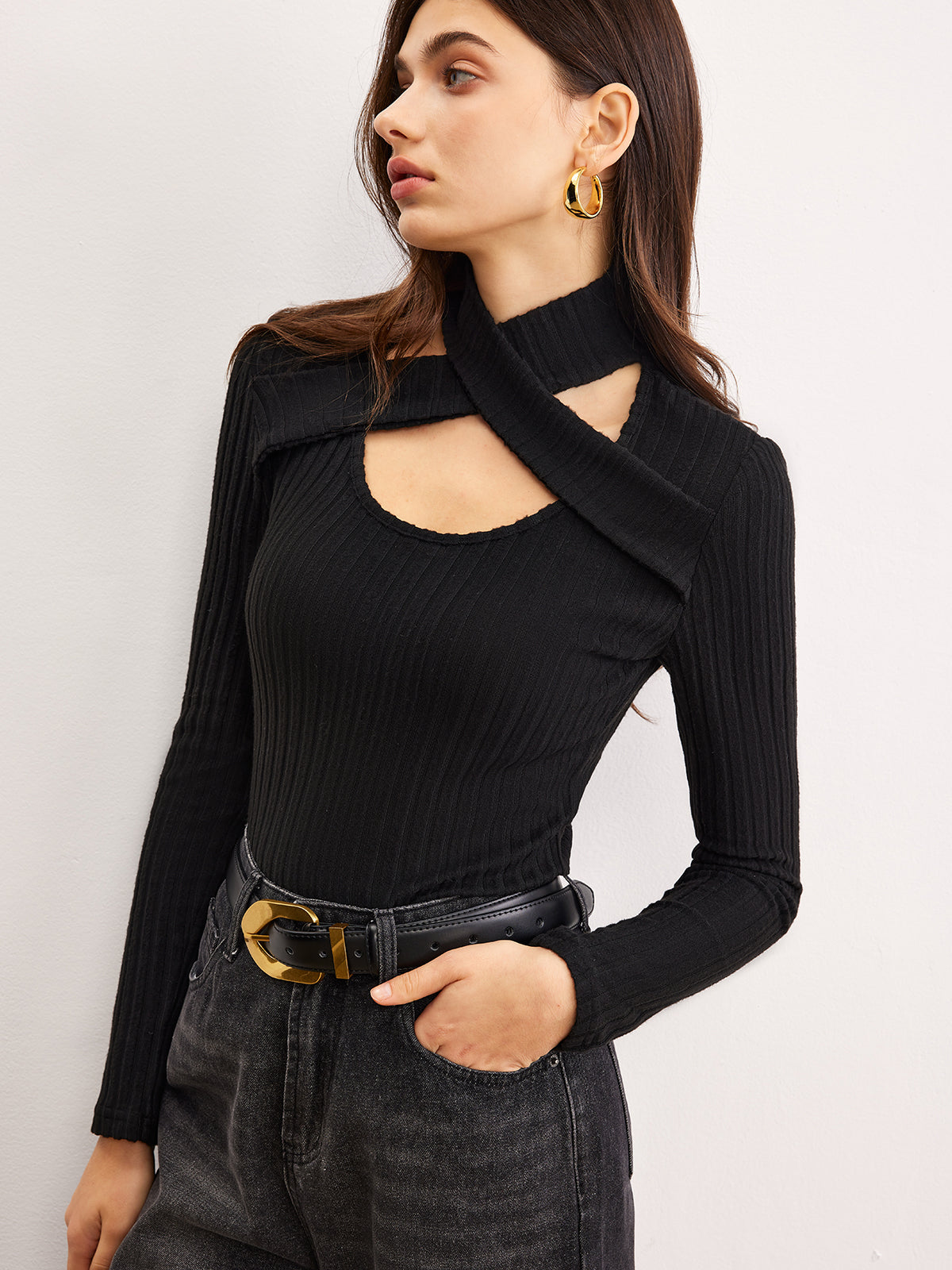 Criss Cross Neck Ribbed Top T Shirts