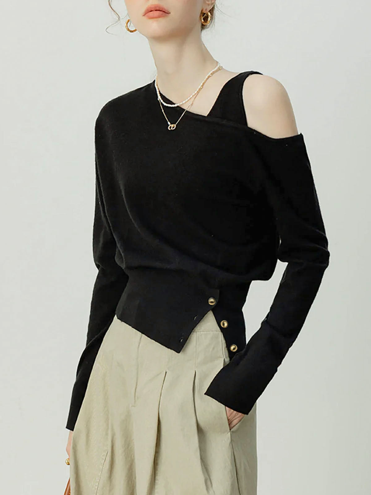 Asymmetrical Cold Shoulder Sweater Co ords Black / XS Knit Tops Main image