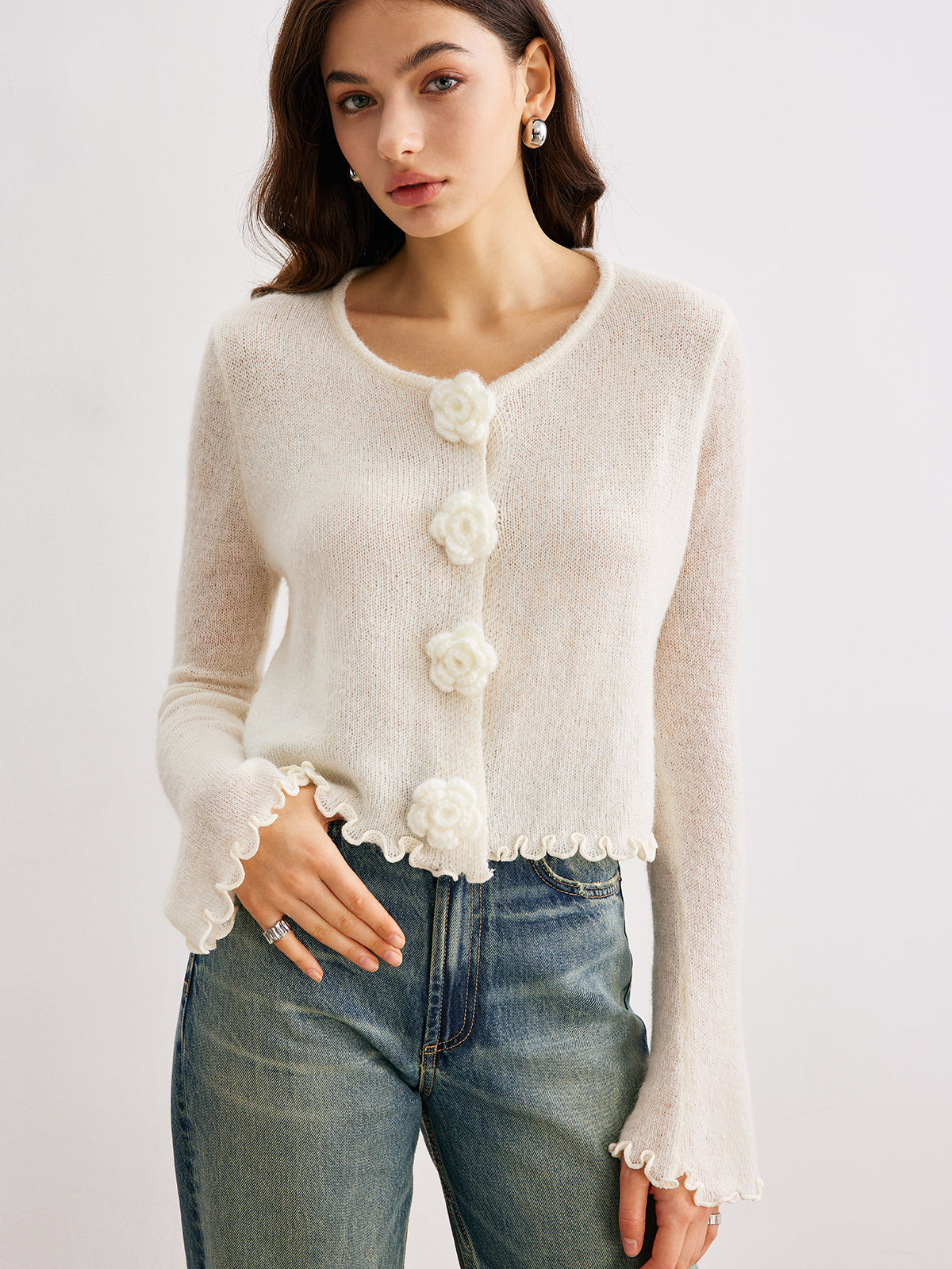 Wool Blend Lettuce Trim 3D Flower Cardigan Beige / XS Cardigans Main image
