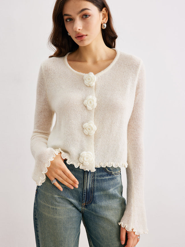 Wool Blend Lettuce Trim 3D Flower Cardigan Beige / XS Cardigans Main image