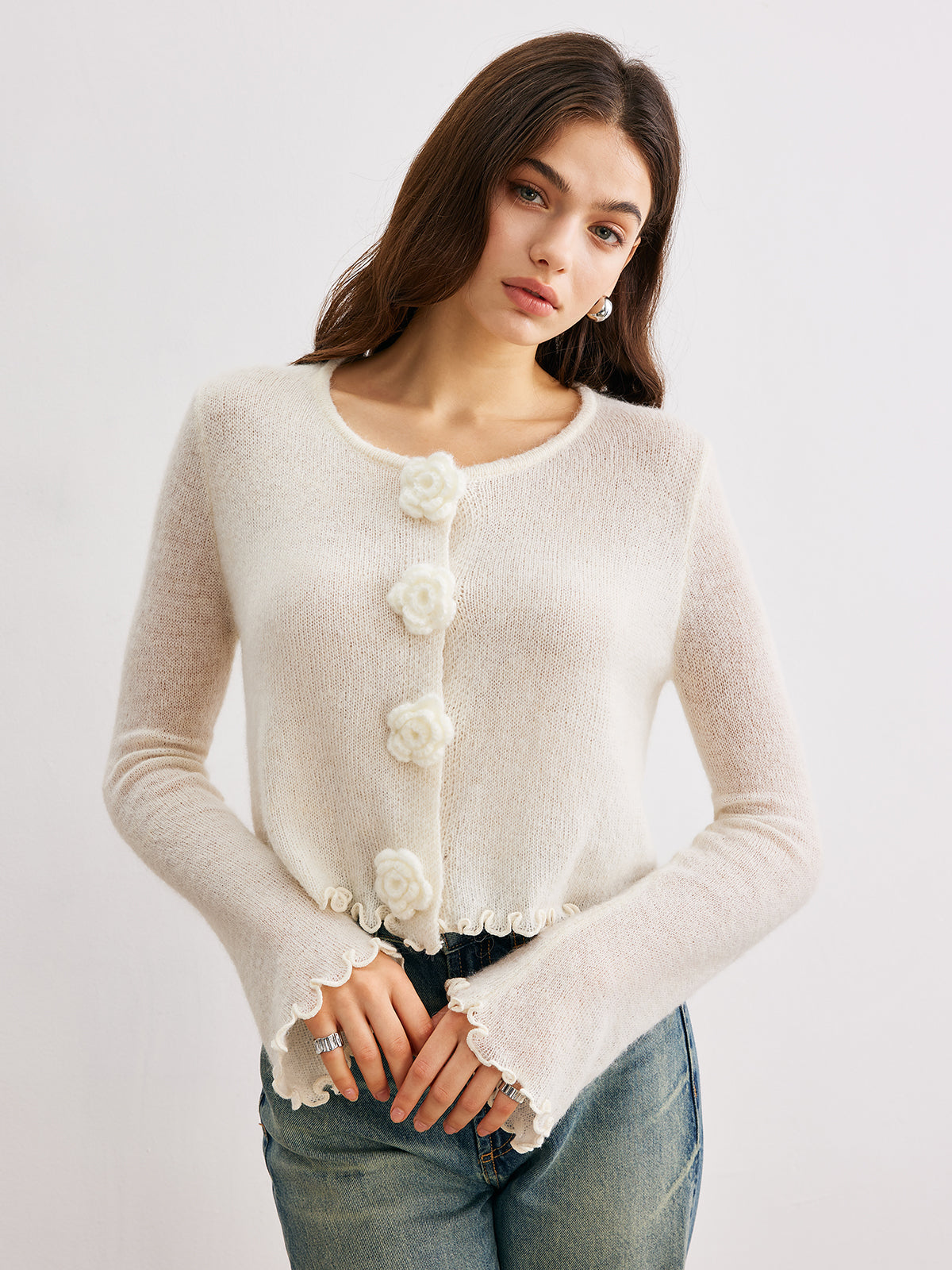 Wool-Blend Lettuce Trim 3D Flower Cardigan Secondary image