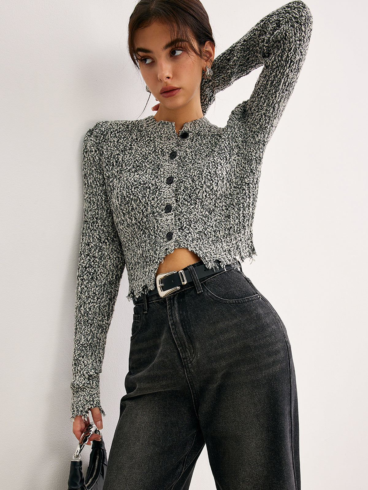 Raw Hem Button Slim Knit Top Light Grey / XS Knit Tops Main image