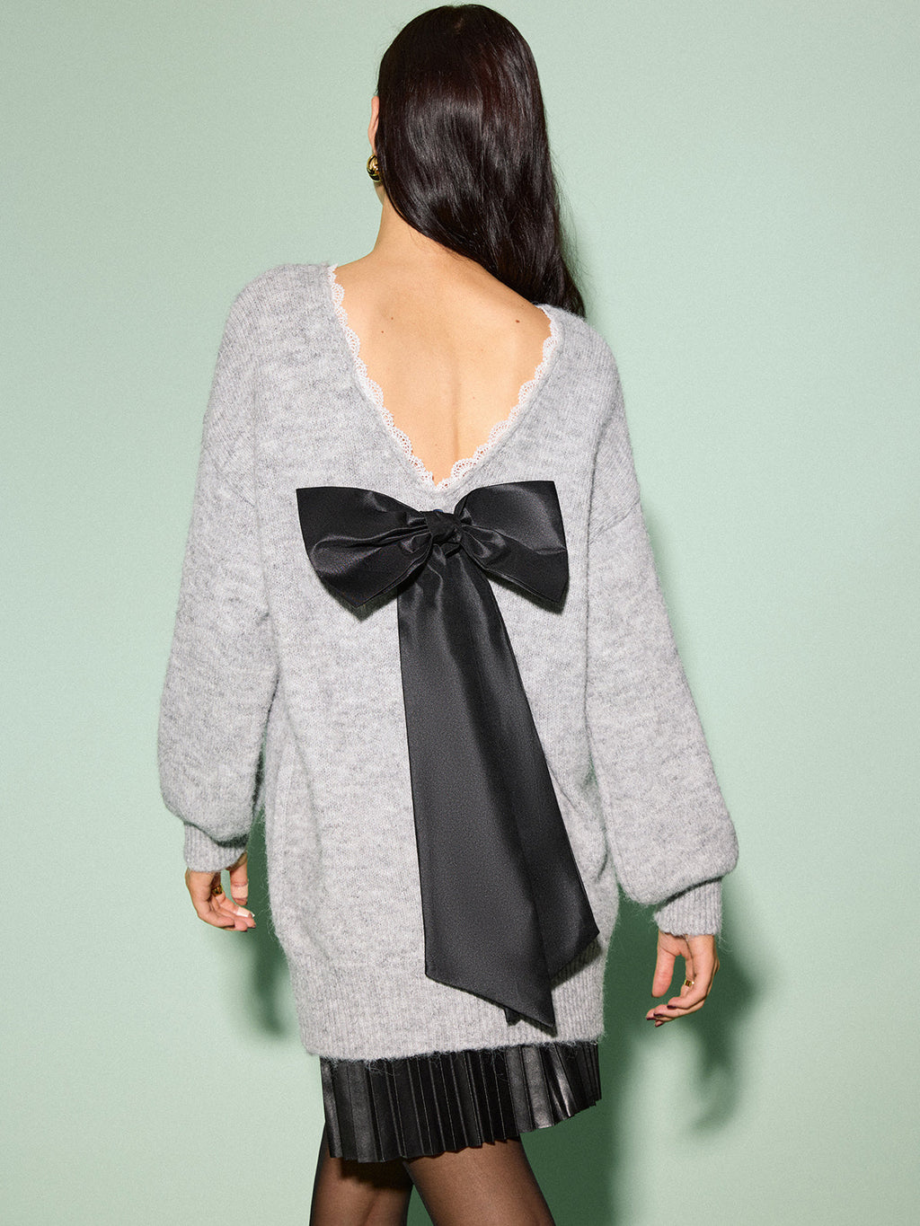 Lace Trim Bow Decor Draped Sweater Sweaters