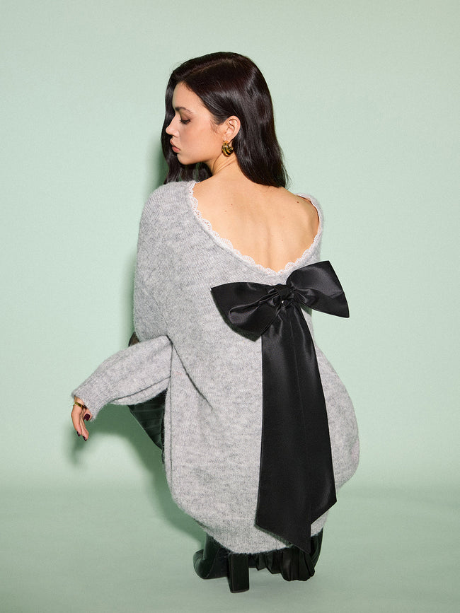 Lace Trim Bow Decor Draped Sweater Grey / XS Sweaters Main image