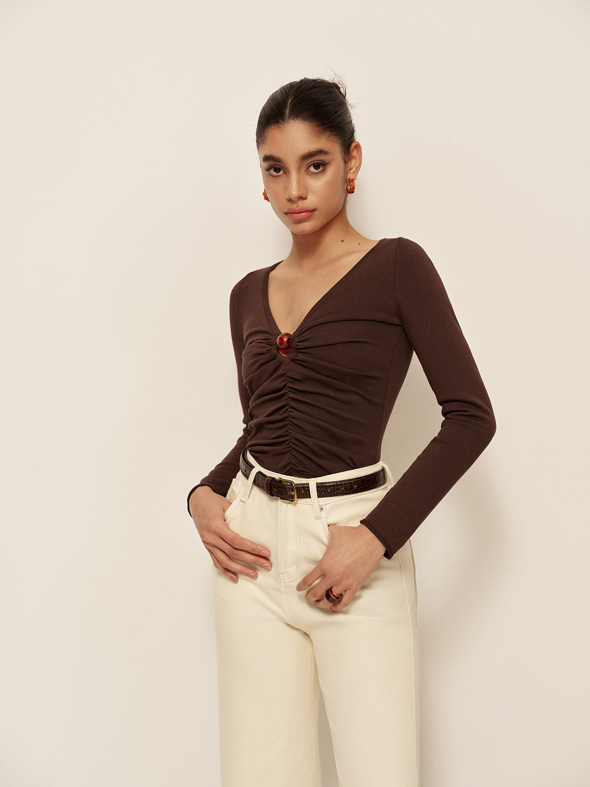V Neck Cutout Pleated Slim Knit Top Knit Tops