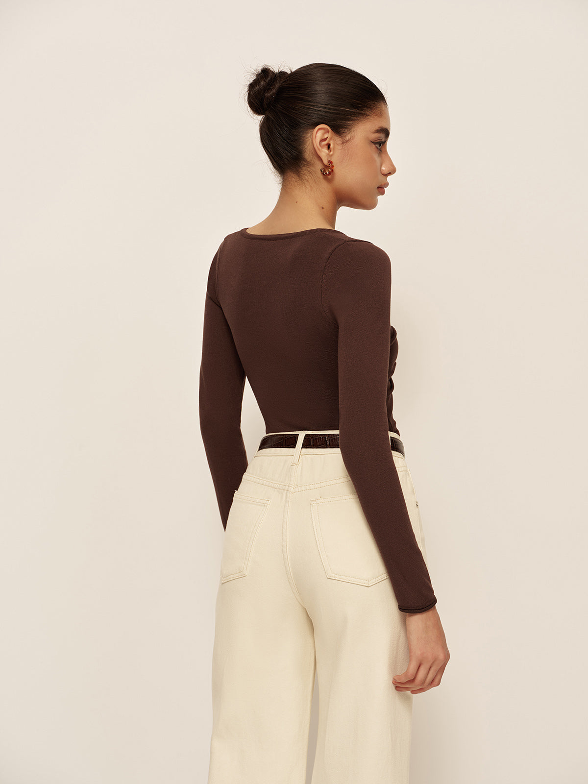 V Neck Cutout Pleated Slim Knit Top Knit Tops