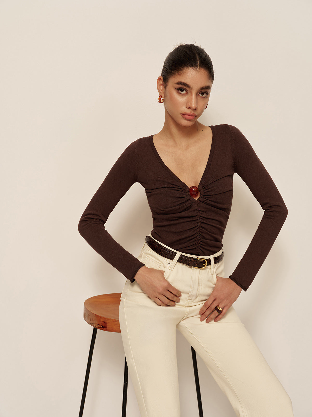 V Neck Cutout Pleated Slim Knit Top Dark Brown / S Knit Tops Main image