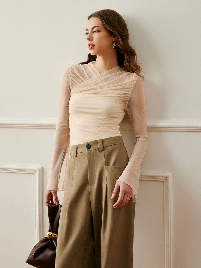 Cross Wrap Semi Sheer Top Apricot / XS T Shirts Main image