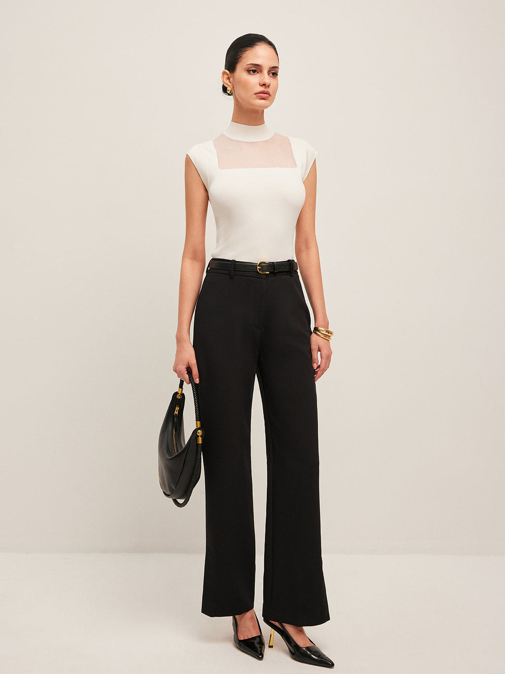 Mesh Panel Mock Neck Top Sweater Vests