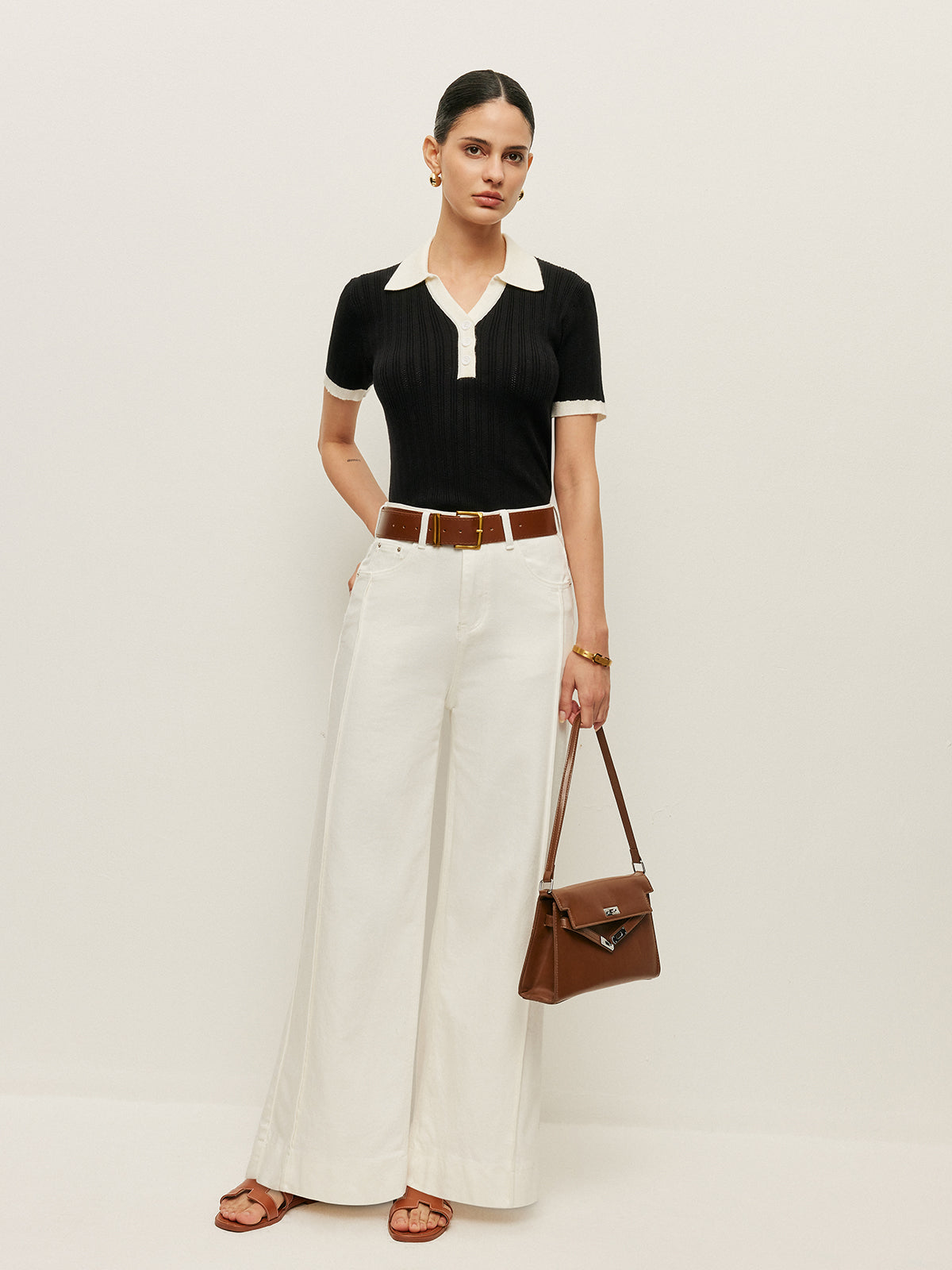 Collared Button Detail Ribbed Knit Top Knit Tops