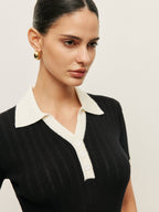 Collared Button Detail Ribbed Knit Top Knit Tops