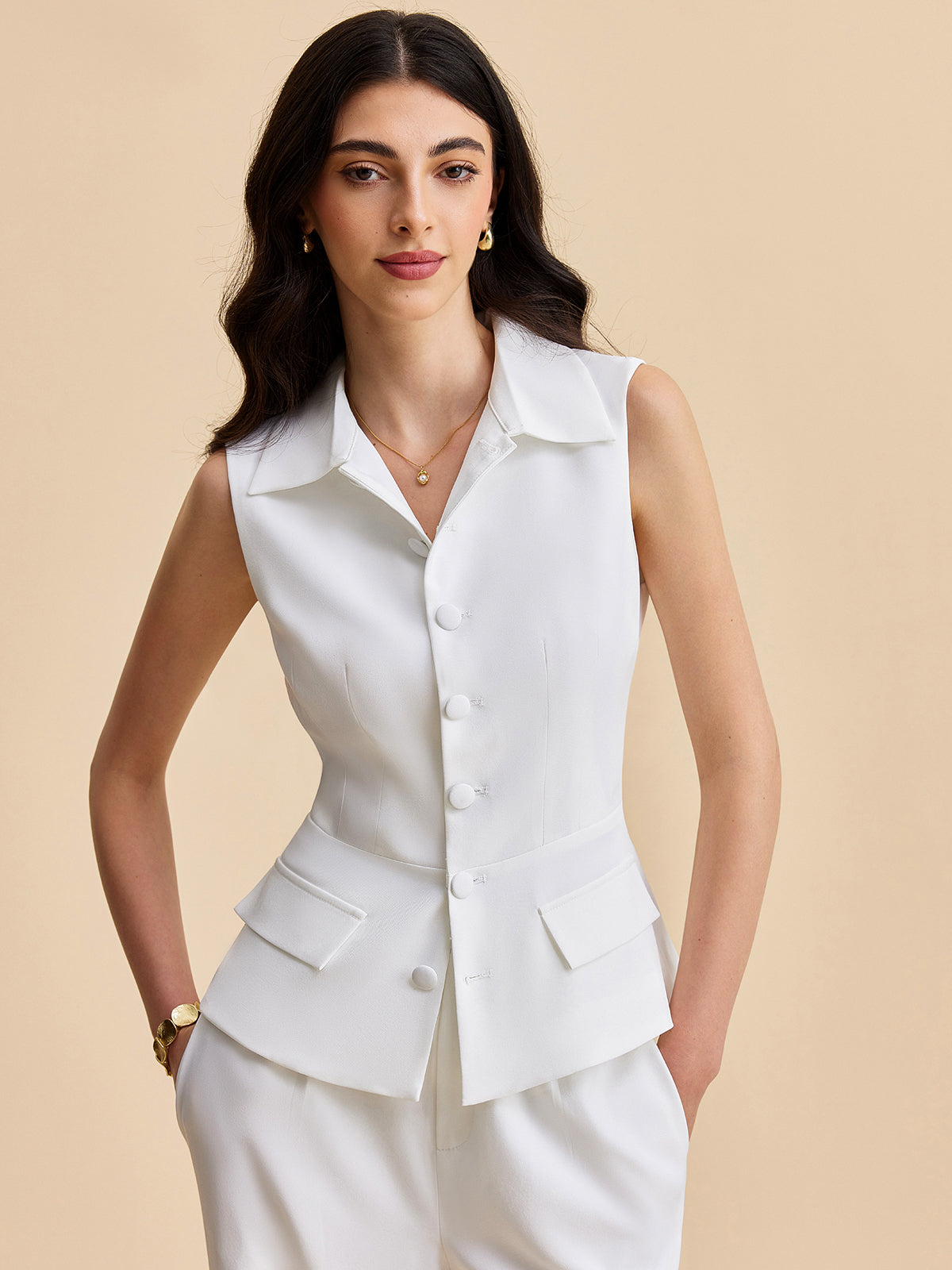 Pockets Buttoned Sleeveless Pants Set Secondary image