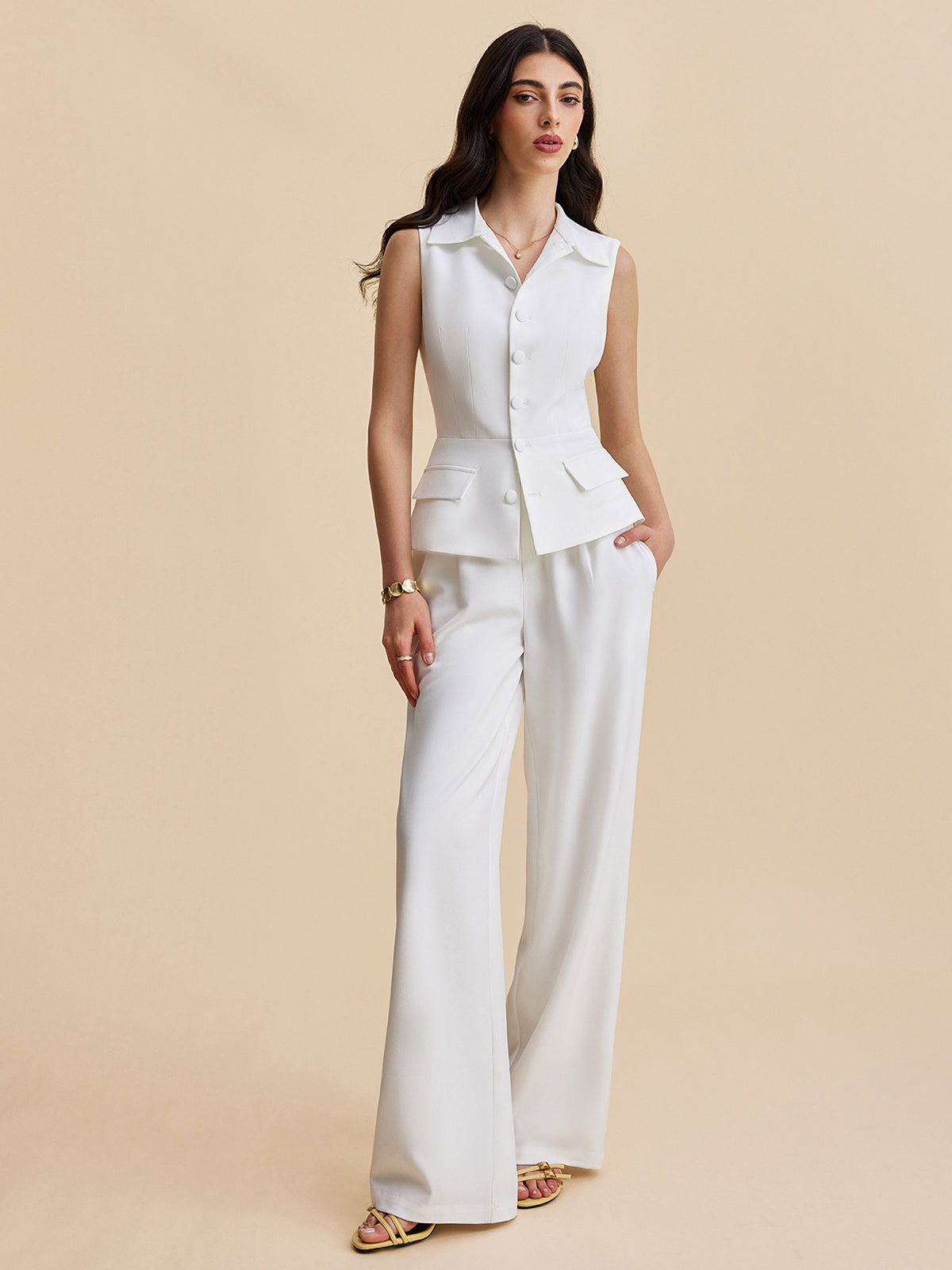 Pockets Buttoned Sleeveless Pants Set White / XS Pant Sets Main image