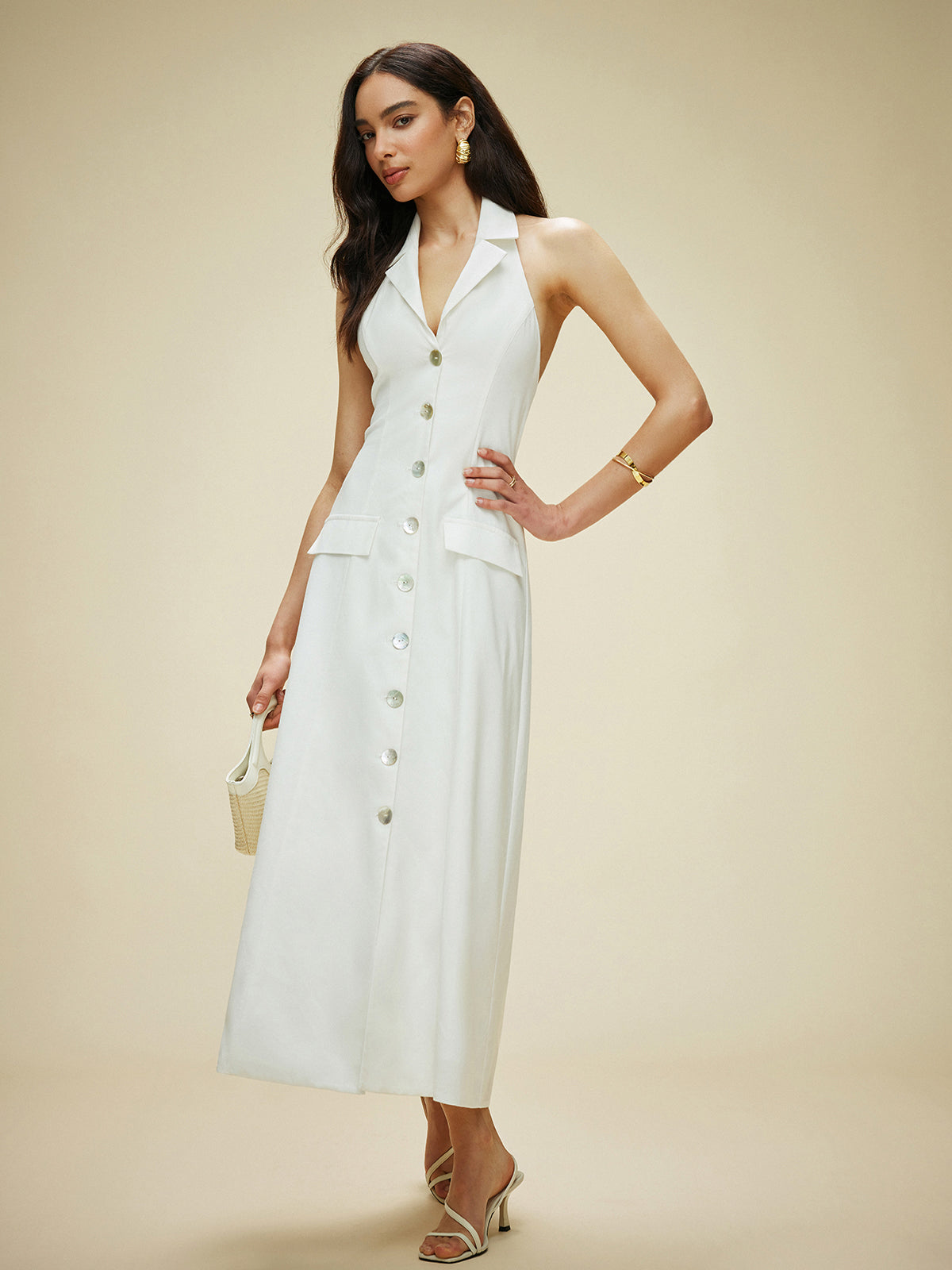 Cotton & Linen Pocket-Detail Halter Neck Tie-Back Dress Secondary image