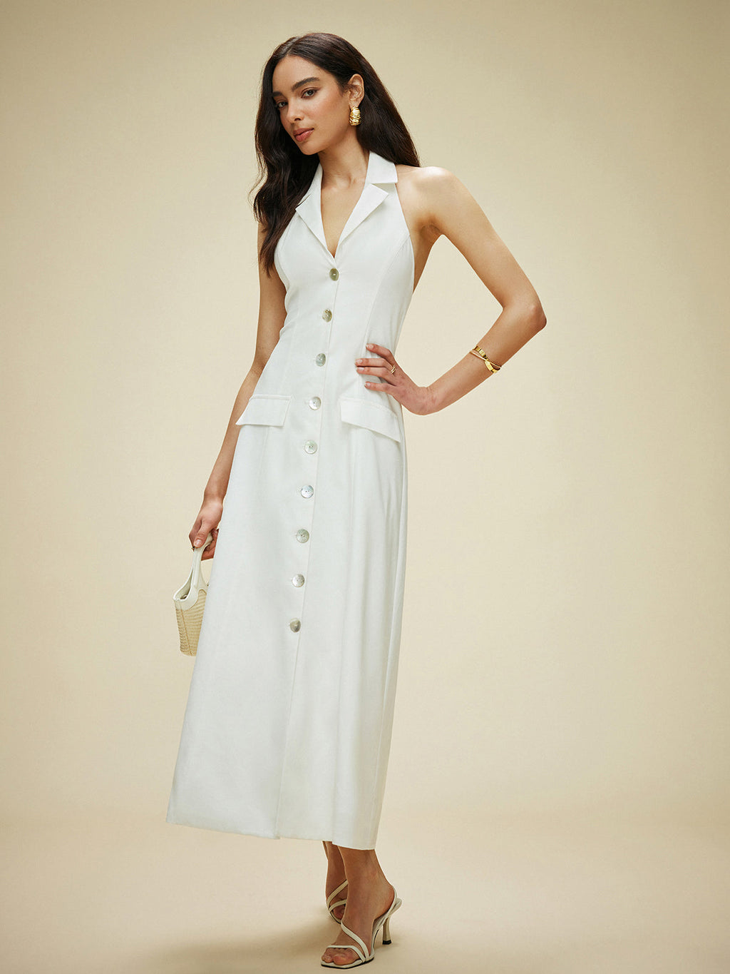 Cotton & Linen Pocket Detail Halter Neck Tie Back Dress Dresses