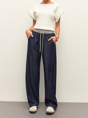 High Waist Drawstring Denim Pants With Pockets Pants