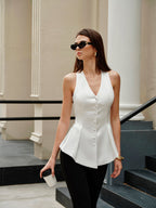 Satin Tailored Buttoned Vest Blouses