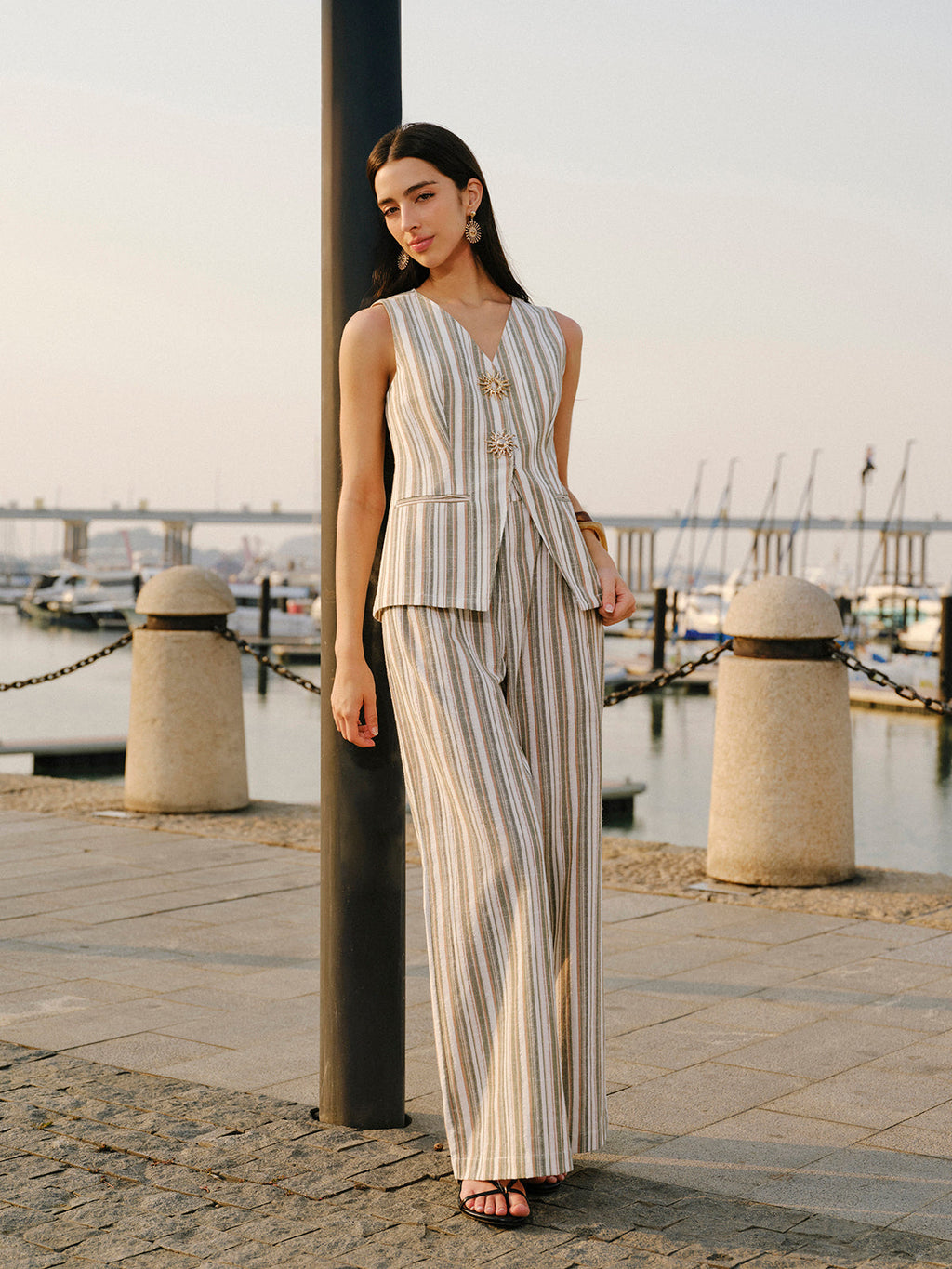Linen & Cotton Metal Detail V Neck Striped Vest Vests