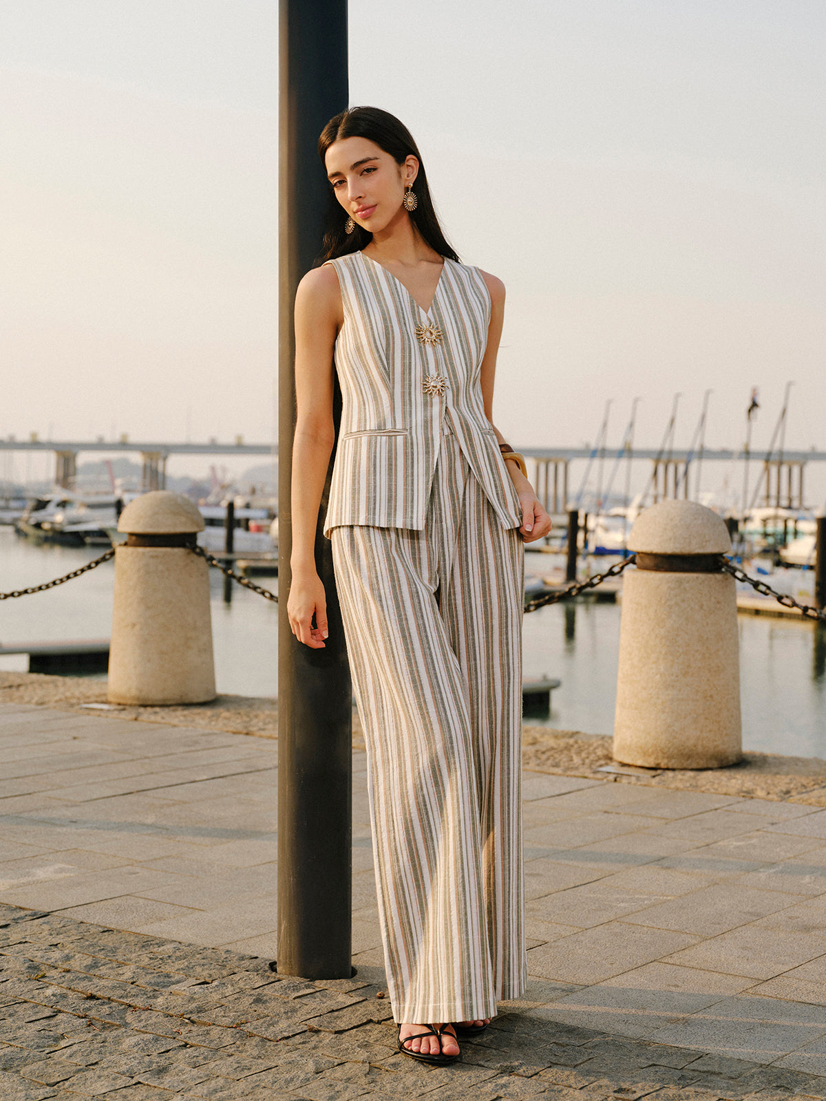 Linen & Cotton Metal Detail V Neck Striped Vest Vests