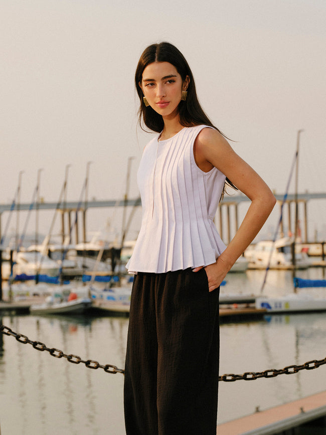 Cotton & Linen Pleated Back Tie Top White / XS Tank Tops & Camis Main image
