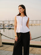 Cotton & Linen Pleated Back Tie Top Tank Tops & Camis