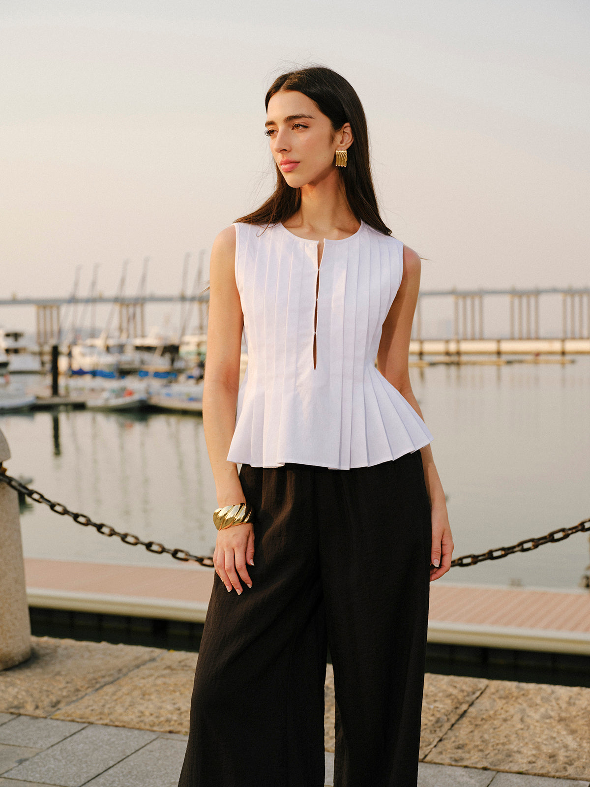Cotton & Linen Pleated Back Tie Top Tank Tops & Camis