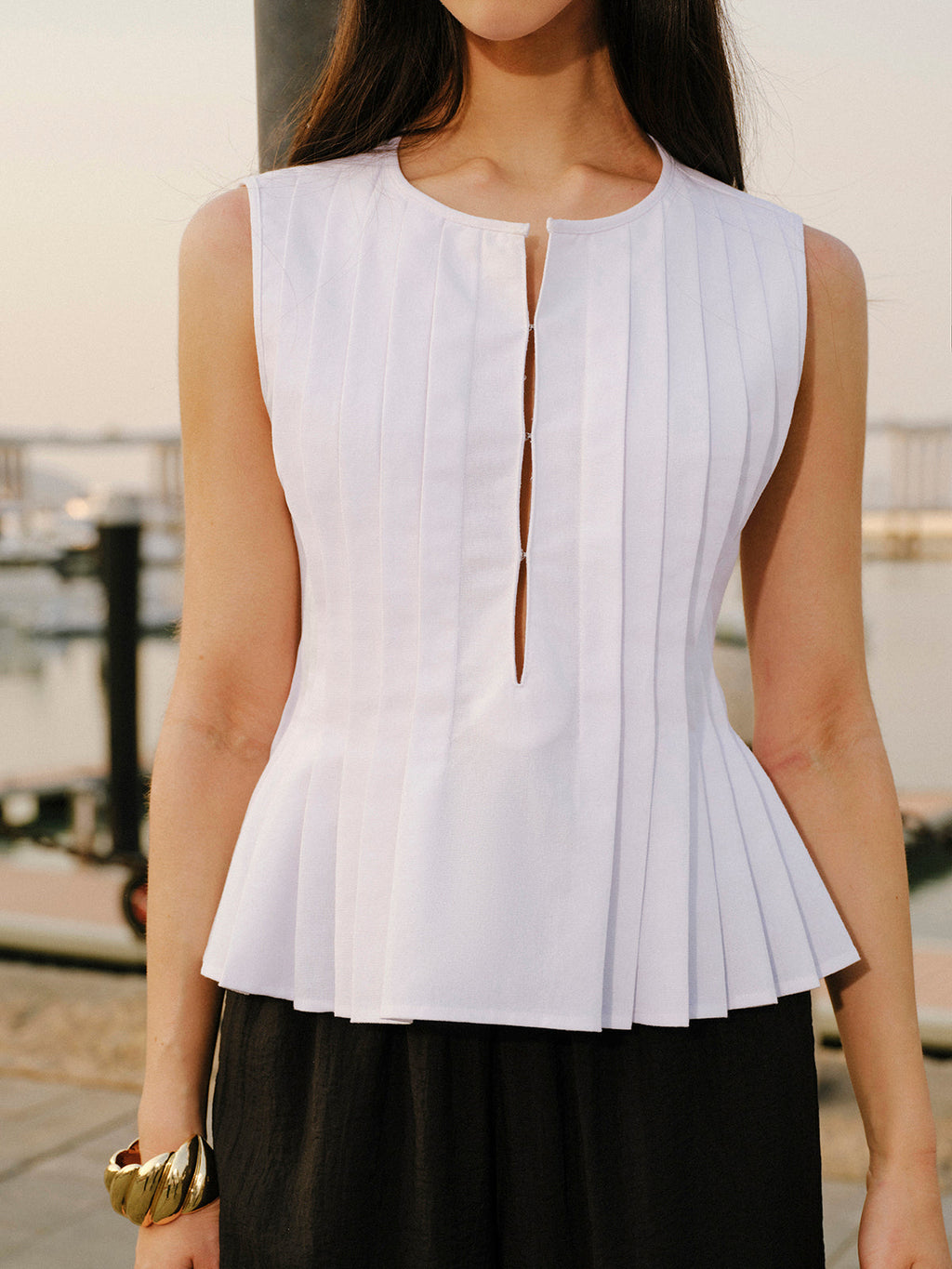Cotton & Linen Pleated Back Tie Top Tank Tops & Camis