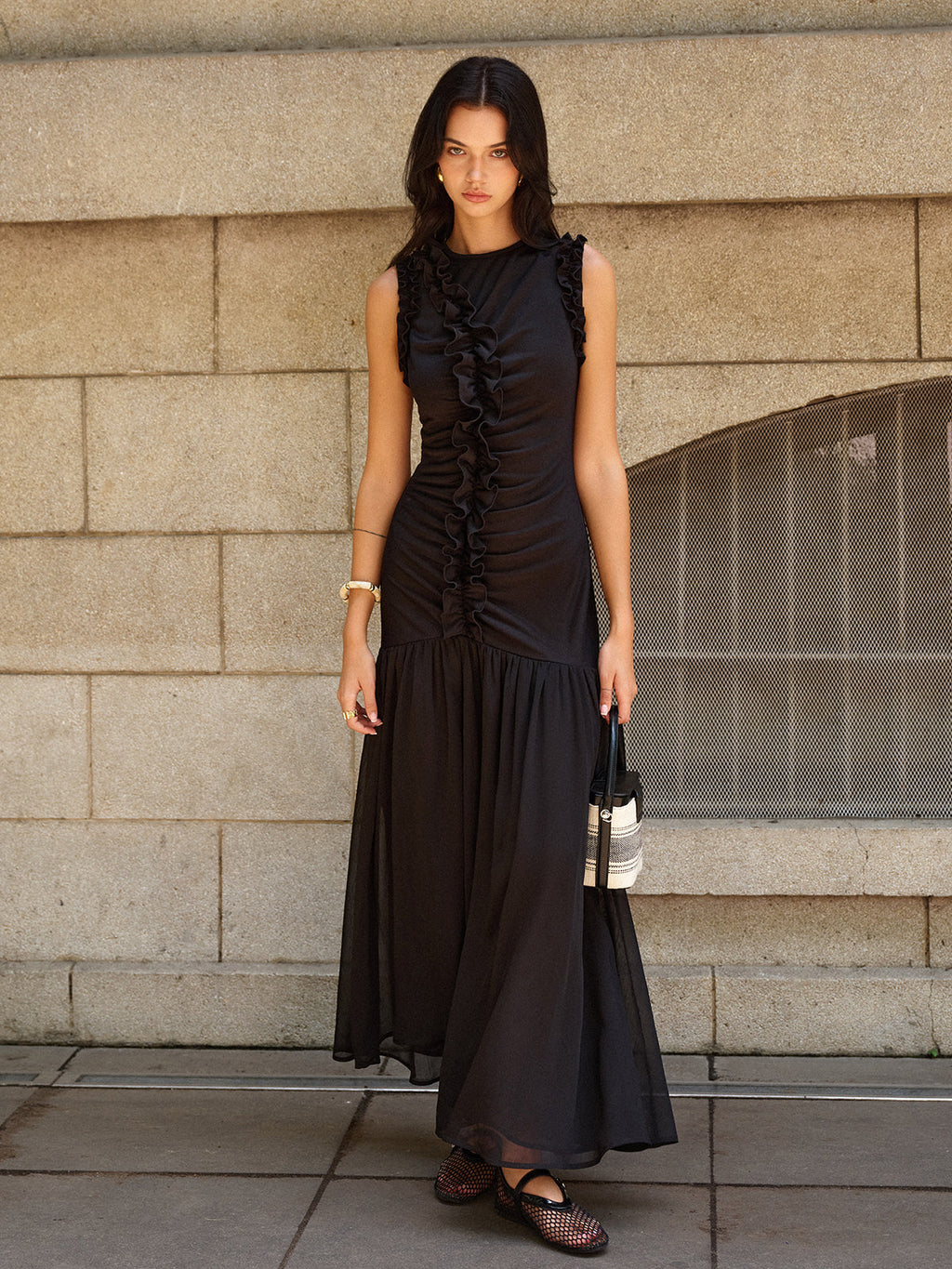 Ruffled Detail Ruched Front Maxi Dress Dresses