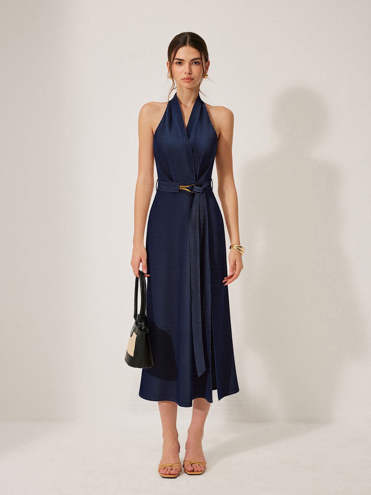 Denim Belted Halter Neck Midi Dress Navy / XS Denim Dresses Main image