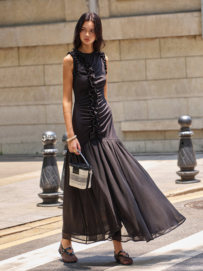 Ruffled Detail Ruched Front Maxi Dress Black / XS Dresses Main image