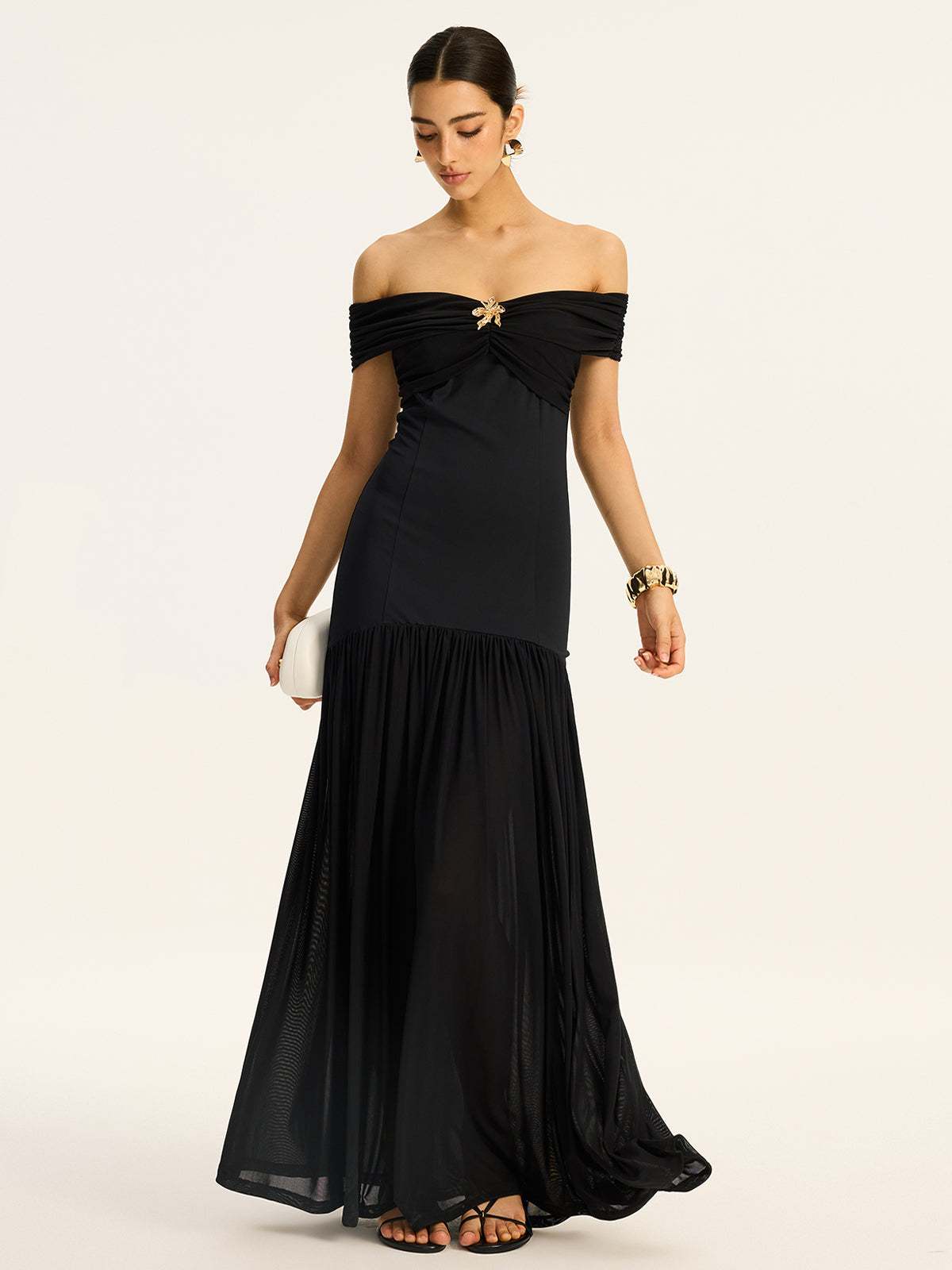Semi-Sheer Off-Shoulder Ruched Mesh-Paneled Maxi Dress Secondary image