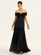 Semi Sheer Off Shoulder Ruched Mesh Paneled Maxi Dress Dresses