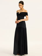 Semi Sheer Off Shoulder Ruched Mesh Paneled Maxi Dress Dresses