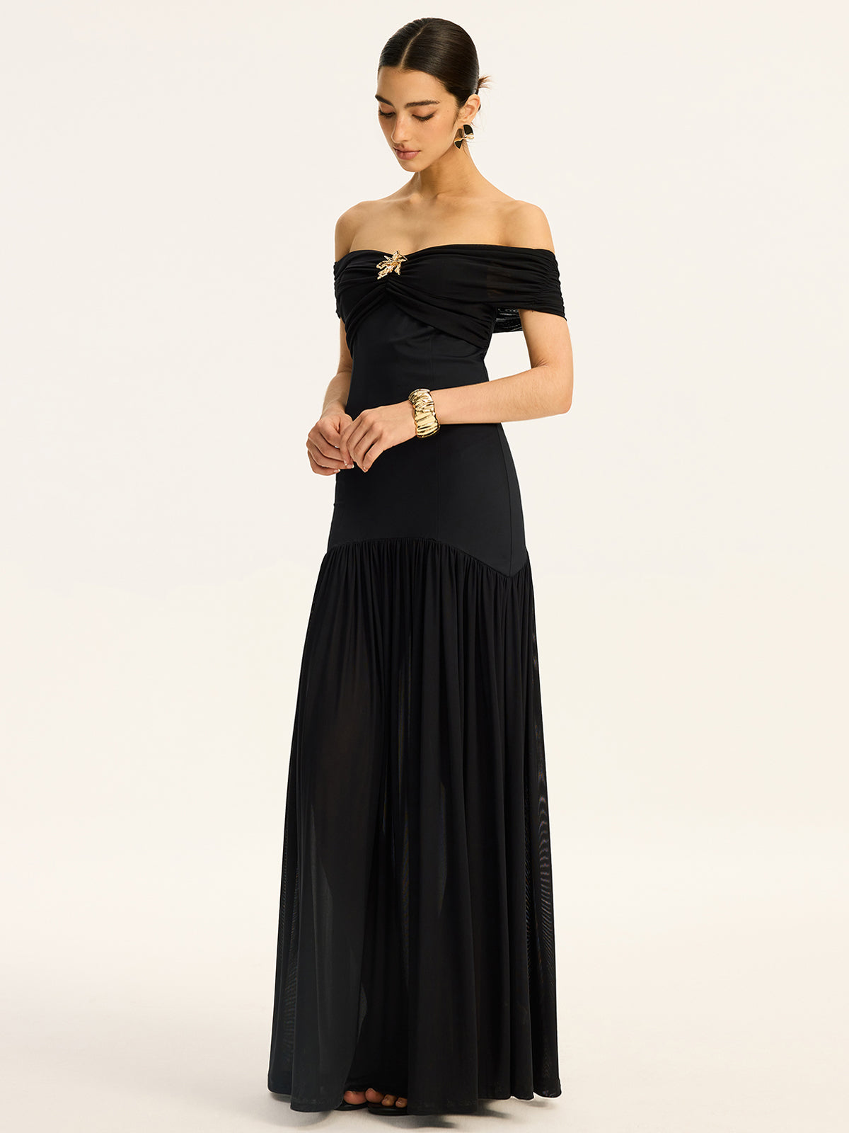 Semi Sheer Off Shoulder Ruched Mesh Paneled Maxi Dress Dresses