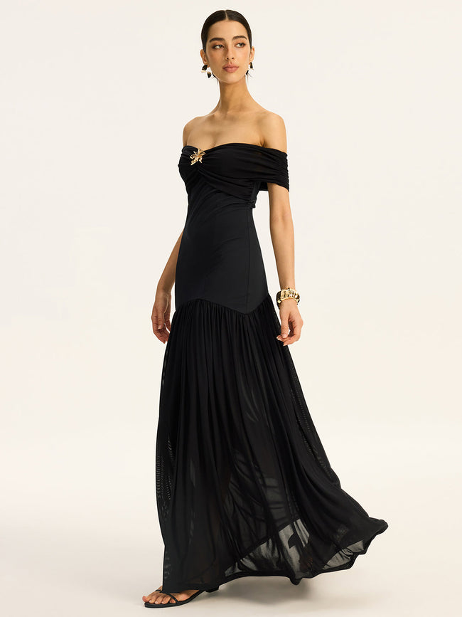 Semi Sheer Off Shoulder Ruched Mesh Paneled Maxi Dress Black / XS Dresses Main image