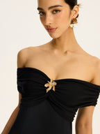Semi Sheer Off Shoulder Ruched Mesh Paneled Maxi Dress Dresses