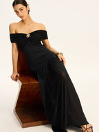 Semi Sheer Off Shoulder Ruched Mesh Paneled Maxi Dress Dresses