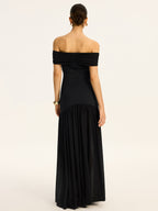 Semi Sheer Off Shoulder Ruched Mesh Paneled Maxi Dress Dresses