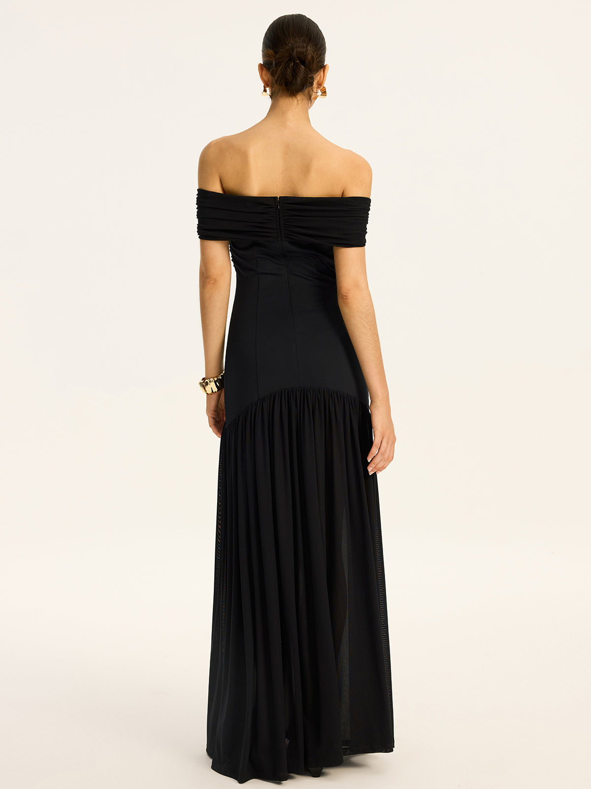 Semi Sheer Off Shoulder Ruched Mesh Paneled Maxi Dress Dresses