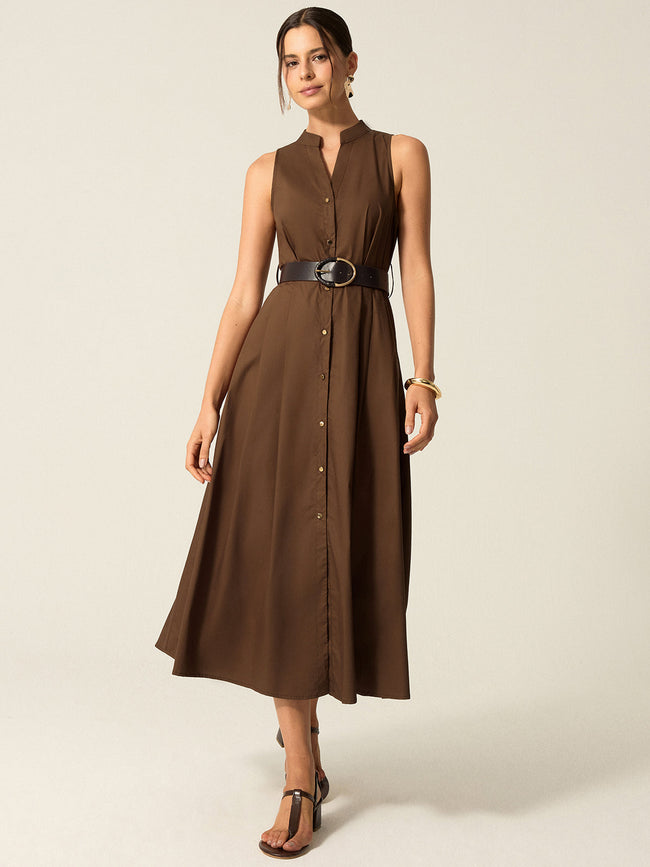 Belted Button Front Midi Dress Dark Brown / XS Dresses Main image