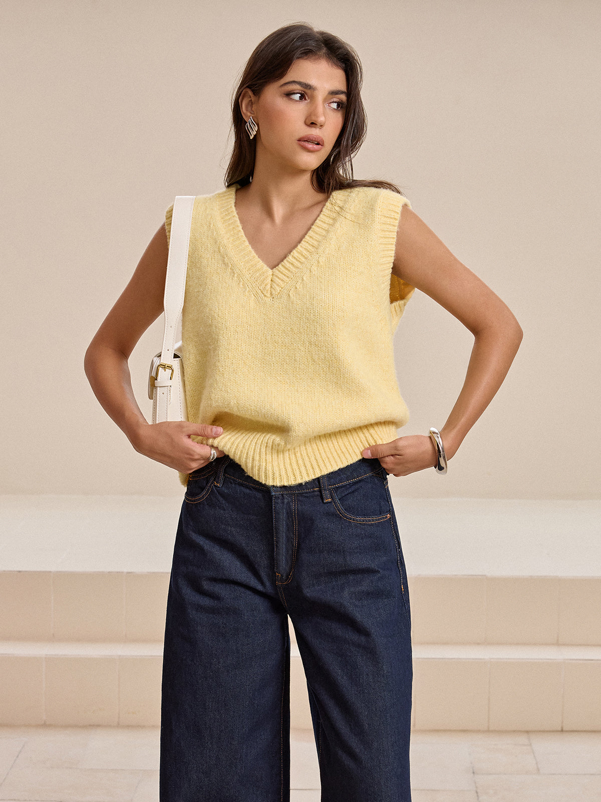 V Neck Wool Blend Knitted Vest Yellow / XS Sweater Vests Main image
