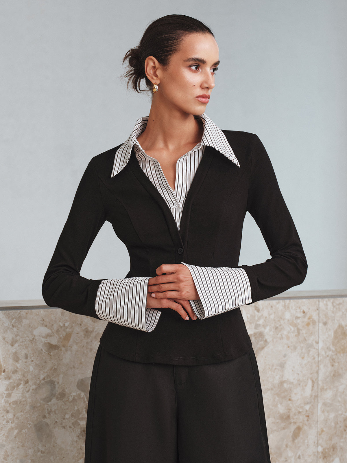 Mock Two-Piece Long-Sleeve Two Tone Polo Top Secondary image