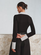 Mock Two Piece Long Sleeve Two Tone Polo Top Blouses