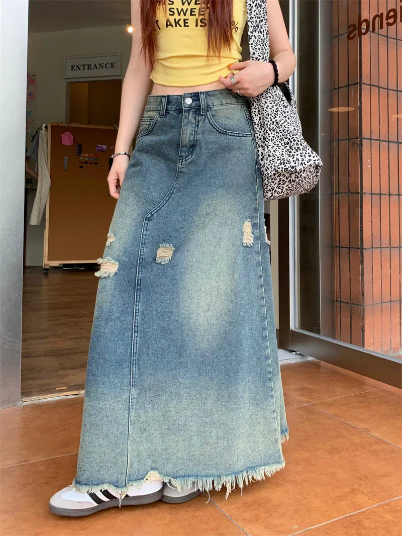 Design Heavy Industry Washed Ripped Raw Hem Long Skirt