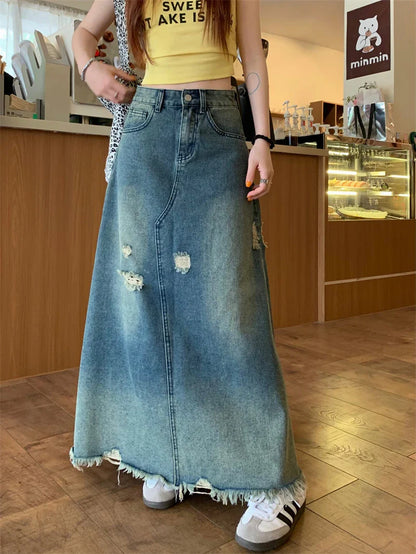 Design Heavy Industry Washed Ripped Raw Hem Long Skirt