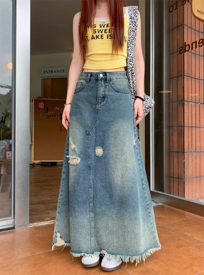 Design Heavy Industry Washed Ripped Raw Hem Long Skirt