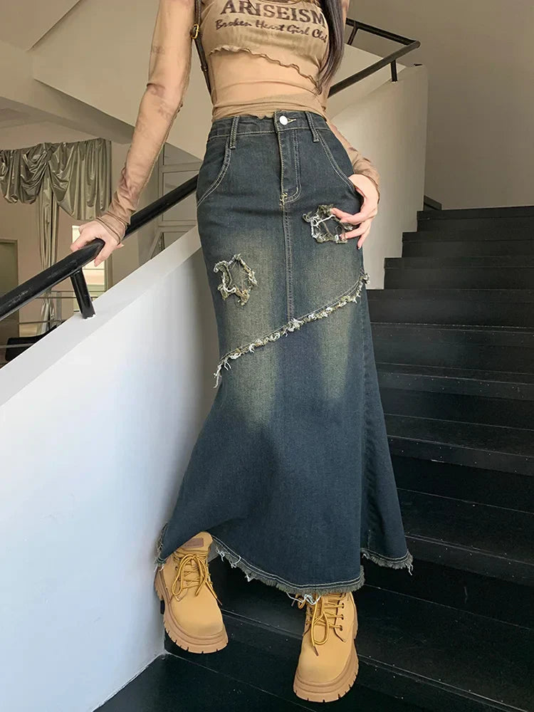 Raw Trim Mermaid Hem Washed Jean Long Skirt Blue / S Main image